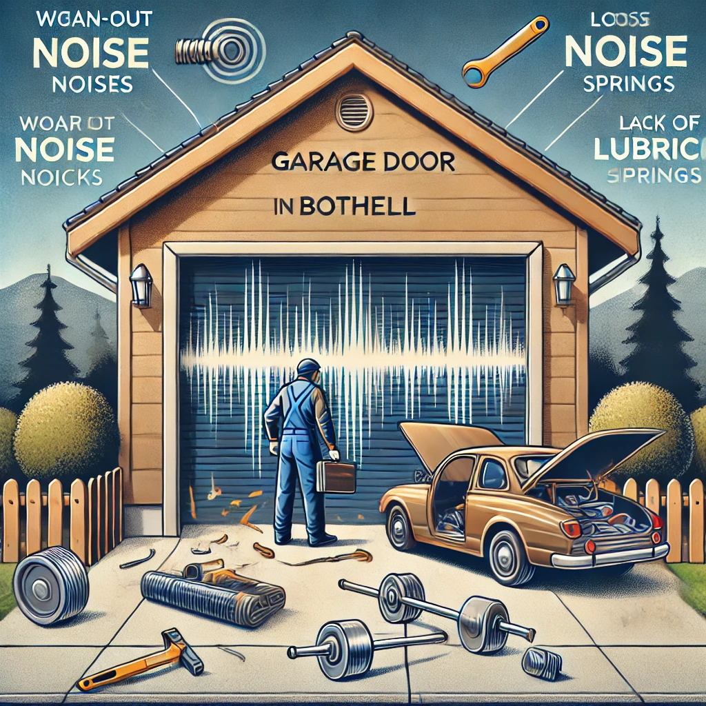 Illustration of a noisy garage door in Bothell with sound wave graphics, showing a technician inspecting worn-out rollers, loose hardware, and lack of lubrication.