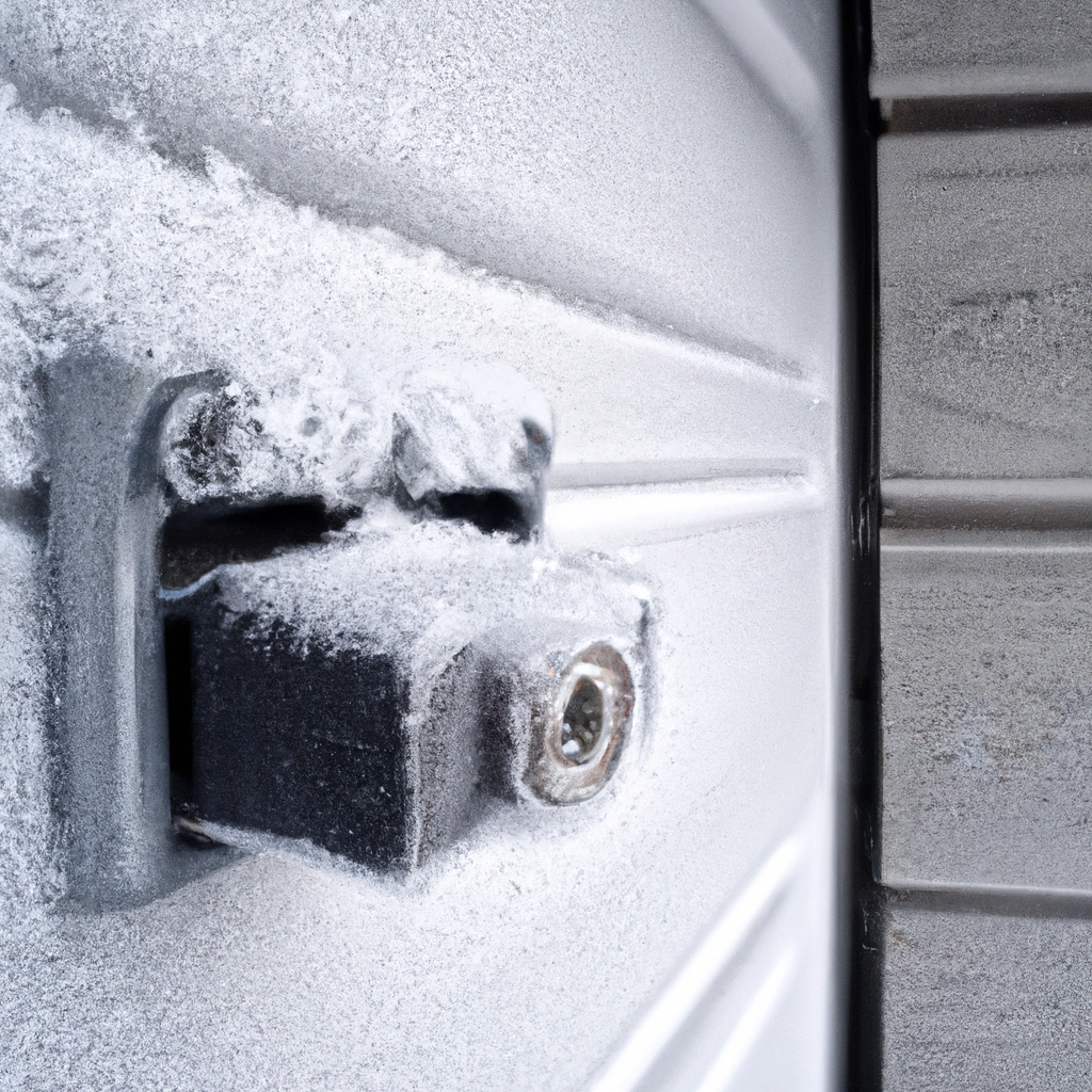 Close-up of a frozen garage door lock with ice crystals on the metal mechanism in a snowy suburban driveway