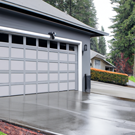 Residential garage door slightly open on wet driveway in Bothell, WA with visible tracks and opener details