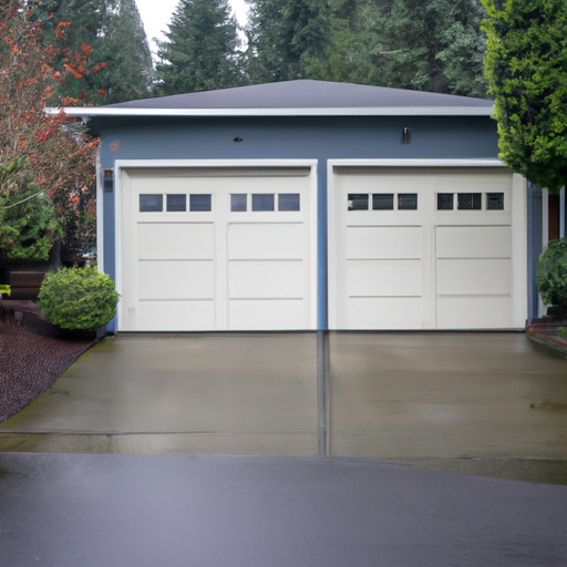 Suburban Bothell home exterior with a closed steel panel garage door on a wet morning; trees in background.