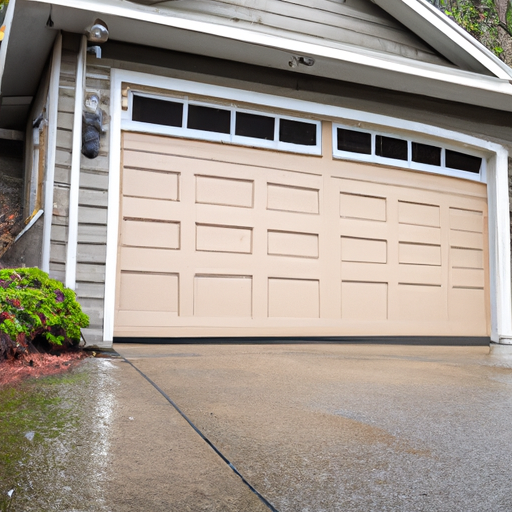 Overcast Bothell residential garage door with visible weather seals and damp driveway.