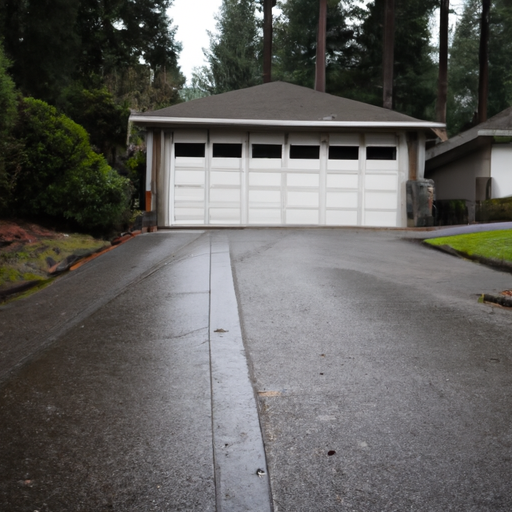 Overcast Bothell driveway with a modern closed panel garage door; visible track and hardware, wet pavement and evergreen backdrop.