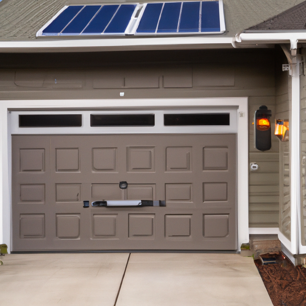 Insulated modern garage door with smart opener and solar panels at a green home in Bothell, WA