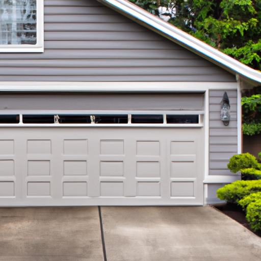 Suburban Bothell home showing a modern sectional garage door with evergreen shrubs and driveway, overcast sky.