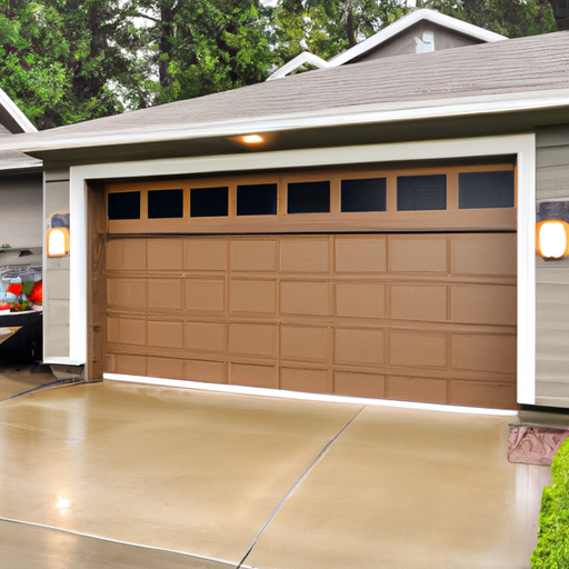 Residential garage in Bothell with sectional woodgrain door, smart opener visible inside, and damp Pacific Northwest landscaping.