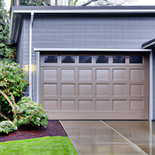 Exterior of a suburban Bothell garage door on an overcast, slightly wet day with visible panels and hardware.