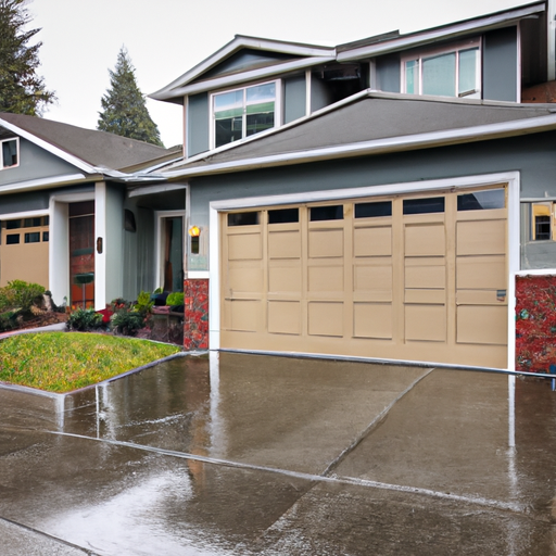 Craftsman home garage door in Bothell, WA with wet driveway and evergreen landscaping, visible tracks and panels.