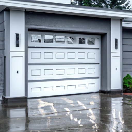 Wet exterior view of a modern garage door with visible bottom seal and threshold in Bothell, WA