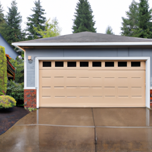 Wet driveway and modern sectional garage door on a suburban Bothell, WA home on an overcast day.