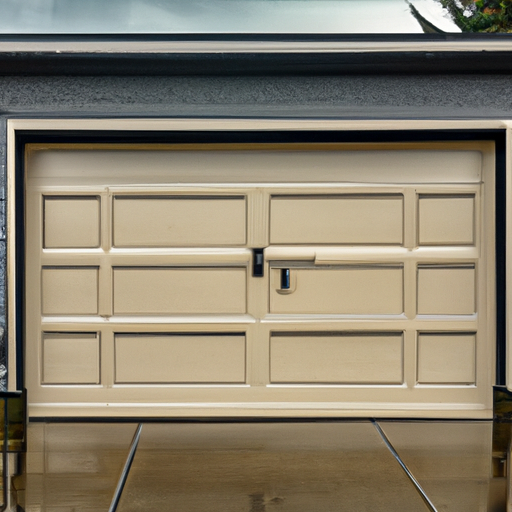 Modern insulated steel garage door on a suburban Bothell home with wet driveway and overcast sky