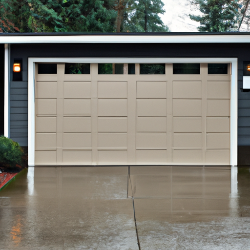 Suburban Bothell house with insulated steel garage door, wet driveway, evergreens in background.