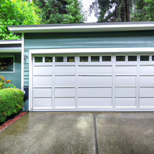 Suburban Bothell garage door with damp foliage and cedar fence, overcast PNW light.