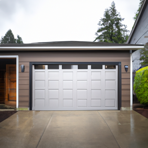 Modern suburban garage door with smart keypad, driveway and Pacific Northwest vegetation in Bothell, WA.