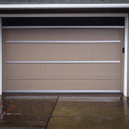 Modern sectional garage door partially open at a Bothell home on an overcast morning, with visible tracks and weatherstripping.