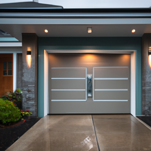 Residential garage in Bothell, WA with a modern sectional door and a visible smart keypad, overcast light, wet driveway.
