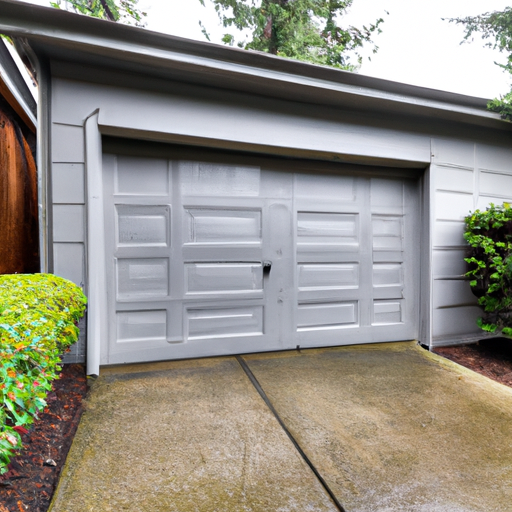 Residential paneled garage door partially open in a Bothell, WA neighborhood on a cloudy day with wet driveway.
