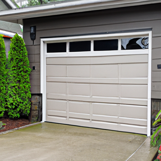 Modern insulated garage door with new weatherstripping and wet driveway in Bothell, WA, overcast sky.