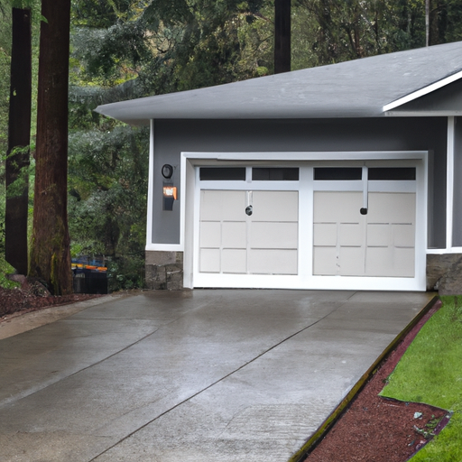 Editorial view of a suburban Bothell home with a modern sectional garage door partially open on an overcast day.