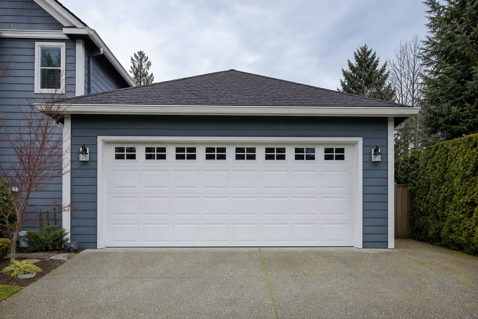 Suburban garage exterior in Bothell with the garage door visible on a cloudy day